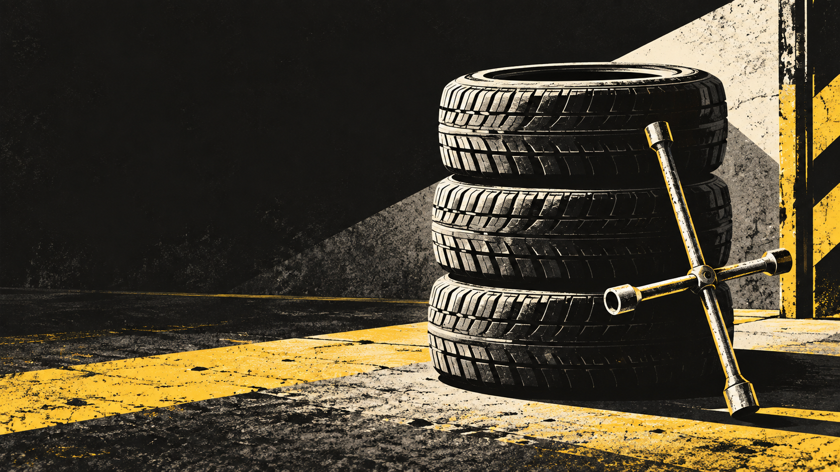 Illustration of a stack of tires with a lug wrench