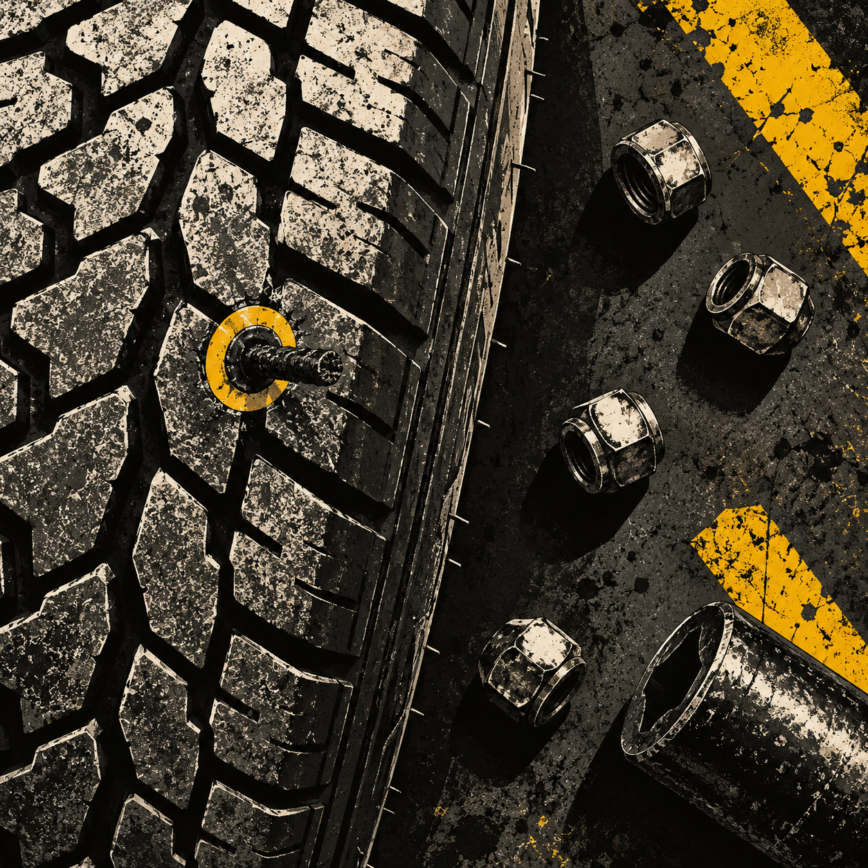 Illustration of tire tread with a patch plug and lug nuts